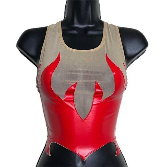 New XS Red Flame Vegan Leather Top Sleeveless Mesh Y2K Stretchy Sexy Devil Satan - Picture 1 of 5